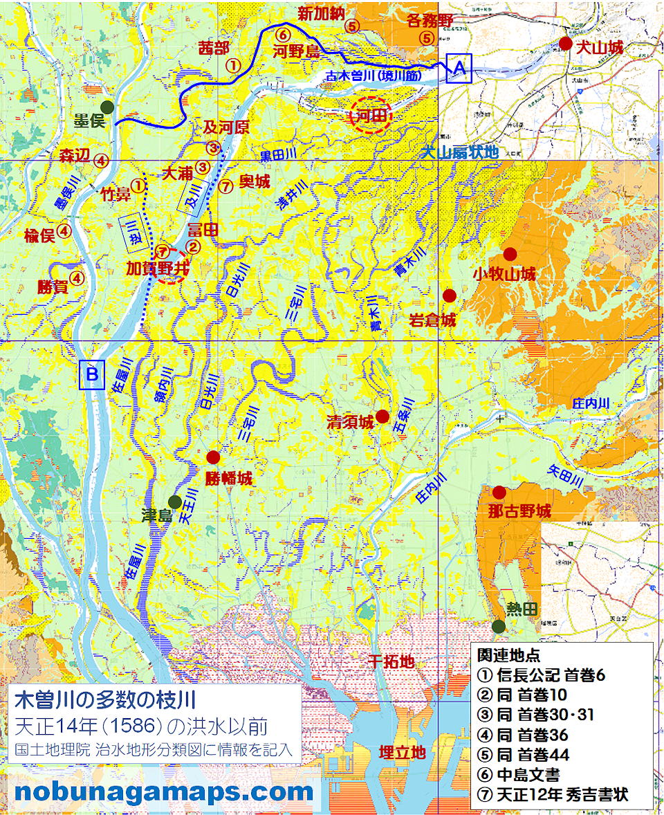木曽川の多数の枝川 地図